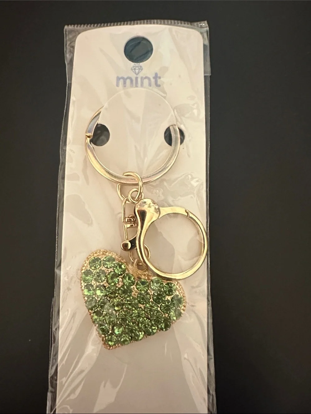 Mint Gold Keyring with Green Crystal Heart Charm